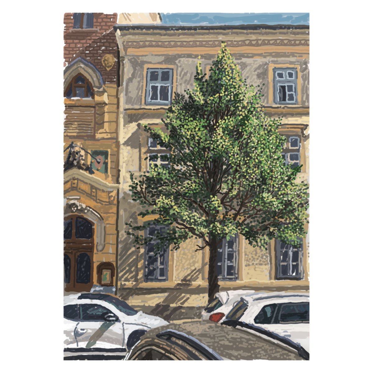 helloiamuu's tweet photo. 'Tree Covering the Yellow Windowed Facade'
Drawing on iPad, 2024.08 https://t.co/oziRlrcMf8