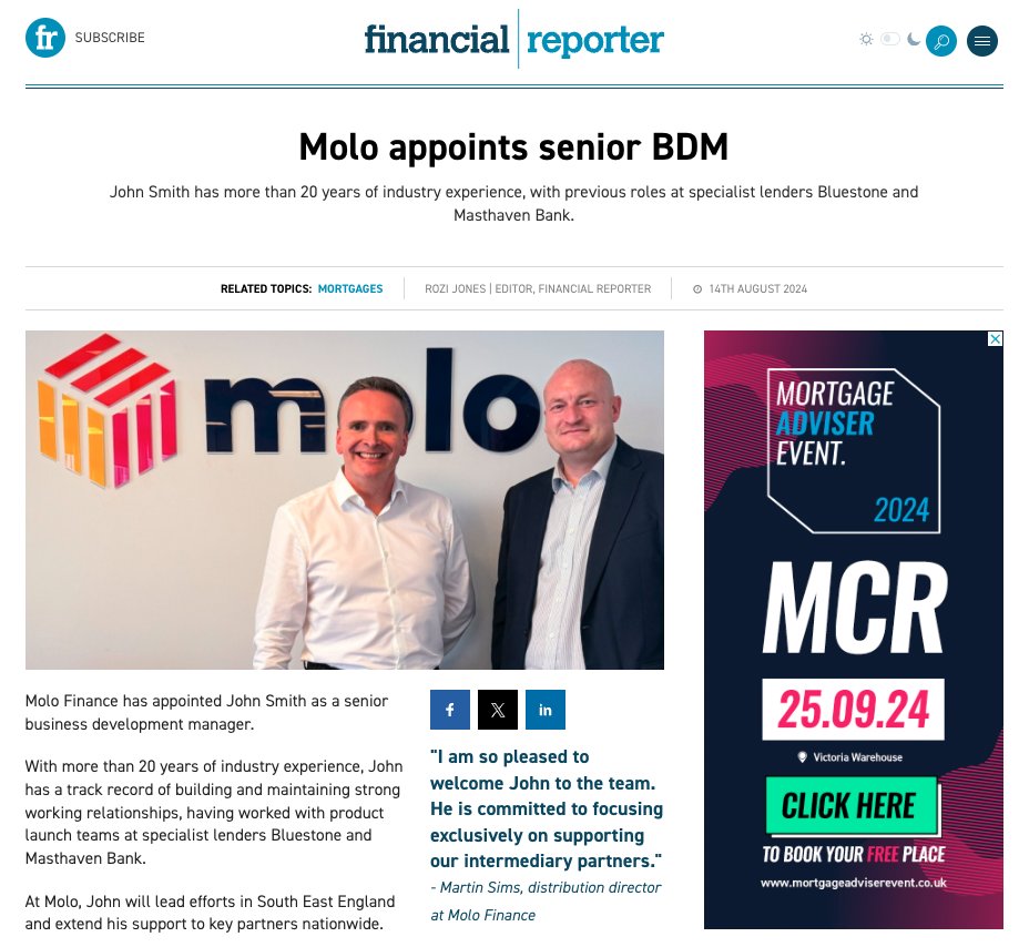 New Hire Alert! 🎉 John Smith joins Molo as Senior Business Development Manager, covering South East England. Welcome, onboard John. 🙌  #molofinance #mortgagenews #intermediarynews #teamexpansion