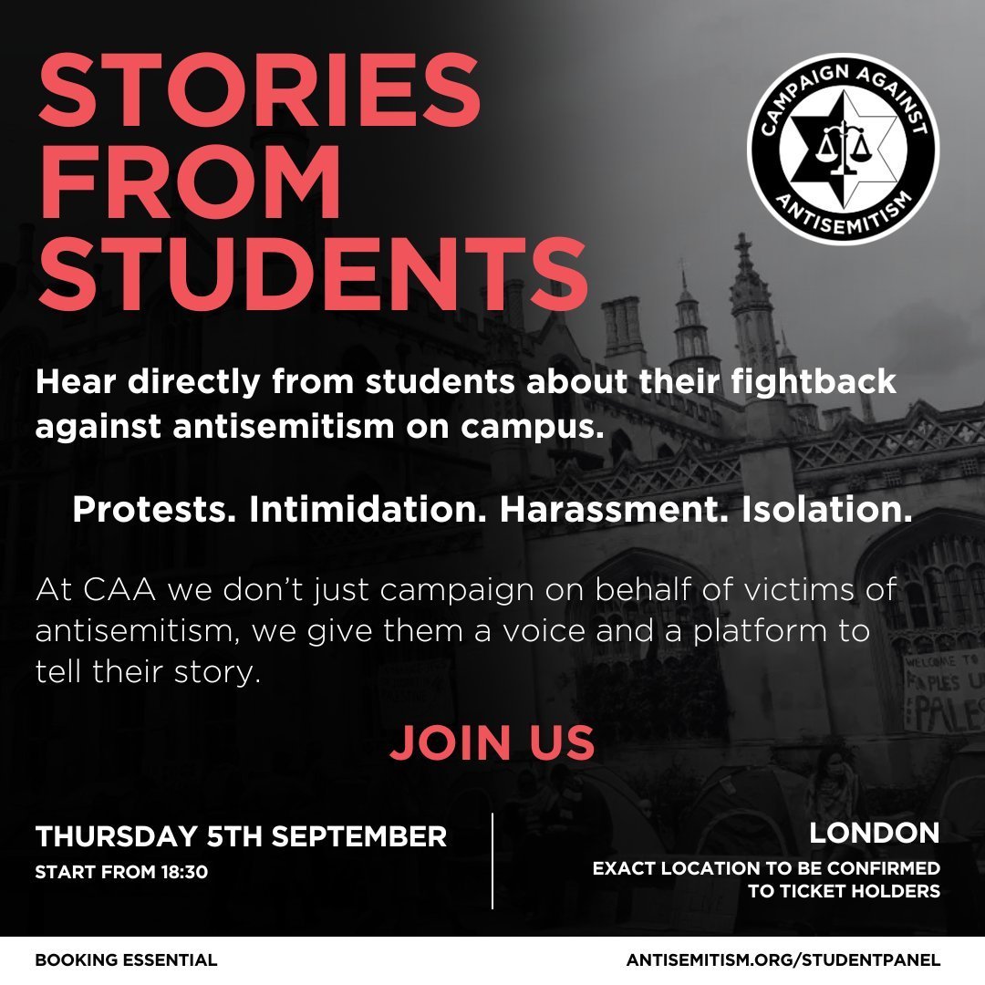In the wake of 7th October, Jewish student life on campus was turned on its head.

This event is an important opportunity to hear directly from Jewish students.

CAA has brought together current students and recent graduates from universities across the country to share their