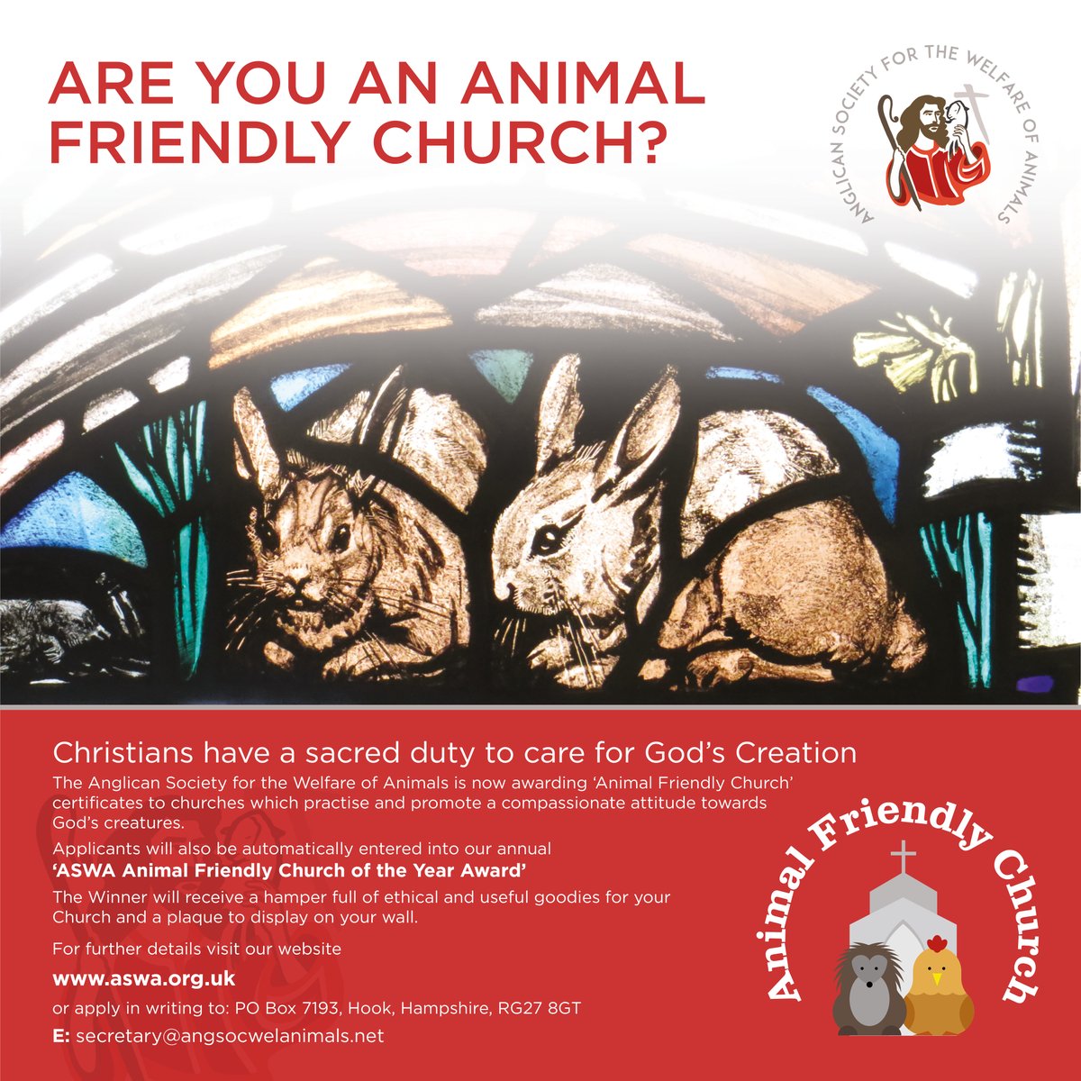 I’m patron of The Anglican Society for the Welfare of Animals. To encourage churches which practice and promote a compassionate attitude towards God’s creatures, <a href="/aswanews/">ASWA</a> now awards ‘Animal Friendly Church’ certificates. 

Find out more here 👇 
aswa.org.uk/our-work/anima…