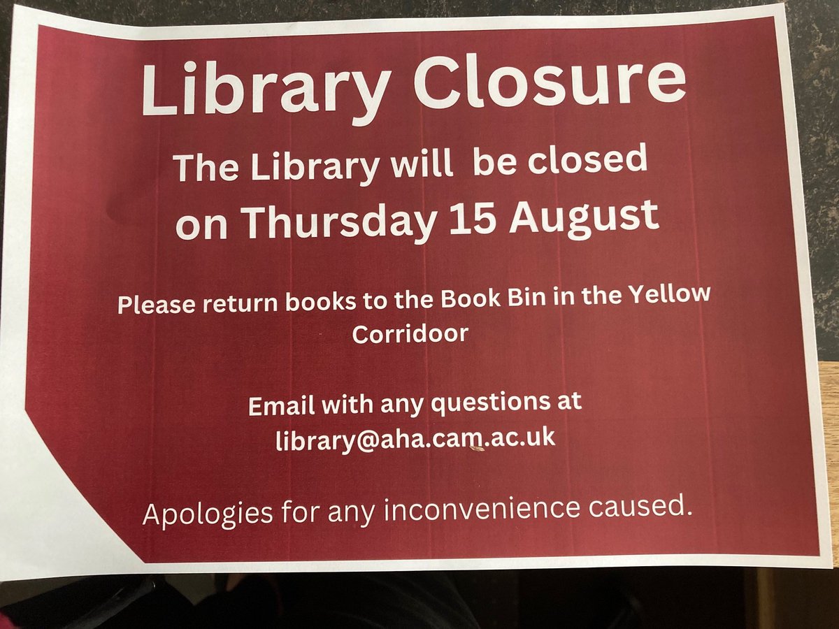AHA Faculty Library (@ahalibcam) on Twitter photo The AHA library will be closed tomorrow, Thursday 15 August. It will also be closed to users from Monday 19 to Friday 30 August inclusive. Sorry for any inconvenience. You can email us at library@aha.cam.ac.uk with any queries. 🌞 The AHA library will be closed tomorrow, Thursday 15 August. It will also be closed to users from Monday 19 to Friday 30 August inclusive. Sorry for any inconvenience. You can email us at library@aha.cam.ac.uk with any queries. 🌞