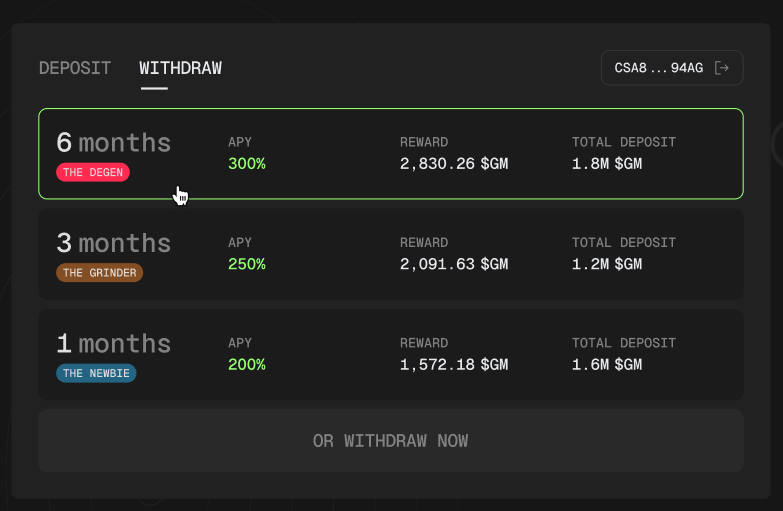 Loyalty rewards

The loyalty rewards will be reserved to those who lock their $GM for certain periods: 1 month, 3 months and 6 months. In exchange, APYs are boosted comparing to normal deposits.

Loyalty vaults are offered on a first come - first served basis.