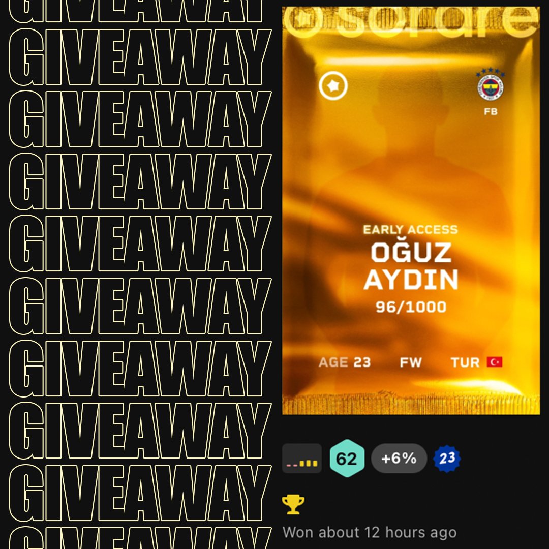 🚨SORARE - GIVEAWAY🚨

I'm giving away my reward from last week, OĞUZ AYDIN NEW SEASON

To participate: 

- Follow: <a href="/sorare_alp/">Sorare: aertnz 🇹🇷</a>
- RT &amp; Like this post 
- Tag one friend

Winner will be announced on August 16th, one hour before <a href="/Sorare/">Sorare</a> GW deadline. 

Good Luck!
