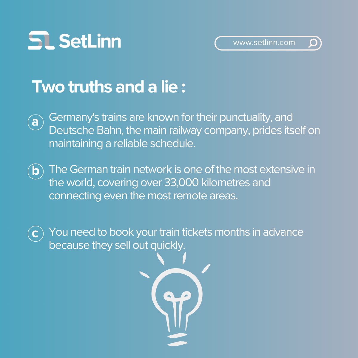 SetlinnOfficial's tweet image. Let's play Two Truths and a Lie: Trains in Germany Edition!

Which one do you think is the lie? Comment your guess below! 

#TwoTruthsAndALie #WorkingInGermany #CareerInGermany #ExpatsInGermany #GermanyJobs