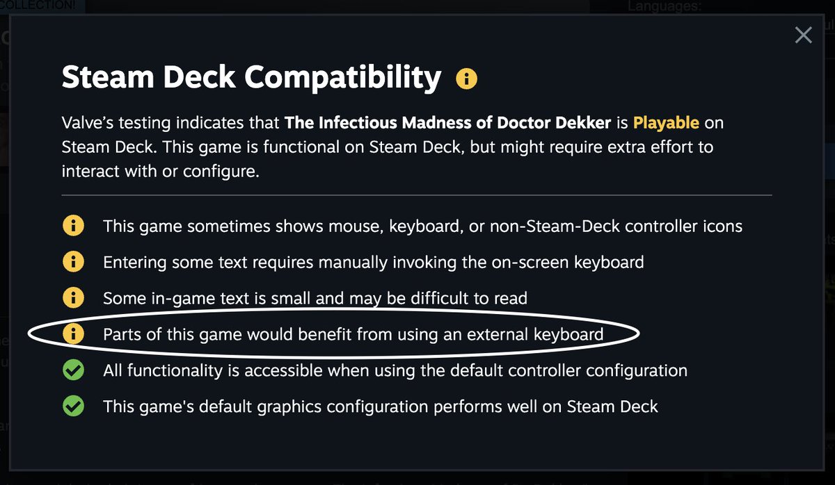Doctor Dekker FMV (@doctordekker) on Twitter photo Doctor Dekker’s Steam Deck Compatibility result are in… and in a shock to nobody, “Parts of this game would benefit from using an external keyboard” will prevent the Doctor from ever going green 🧜♀️🛋️ Doctor Dekker’s Steam Deck Compatibility result are in… and in a shock to nobody, “Parts of this game would benefit from using an external keyboard” will prevent the Doctor from ever going green 🧜♀️🛋️