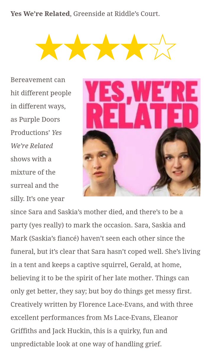 A gorgeous 4* review just in this morning 💖
Only a few more performances left of <a href="/yes_related/">Yes, We’re Related</a> !!

Grab your tickets now
tickets.edfringe.com/whats-on/yes-w…