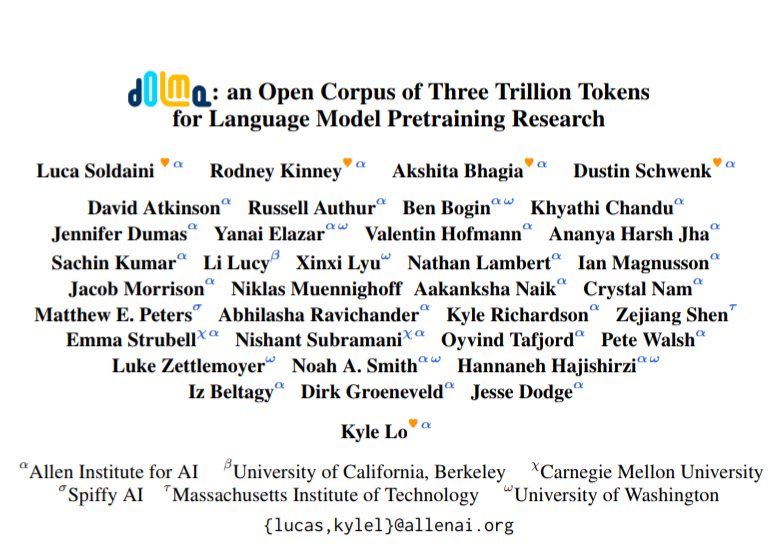 Congrats to our team for winning two paper awards at #ACL2024!

OLMo won the Best Theme Paper award, and Dolma won a Best Resource Paper award!

All the credit goes to the whole team for the massive group effort 🎉🎉