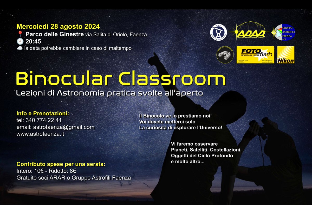 astrofaenza's tweet photo. Mercoledì 28 agosto dalle 20:45 al Parco delle Ginestre in Via Salita di Oriolo a #Faenza, Binocular Classroom: lezioni di #astronomia pratica #outdoor osservando il cielo col #binocolo. Prenotazione obbligatoria
https://t.co/HmAMOE6ghq
#astrofili #divulgazione #scienza #romagna https://t.co/vJOro8lZHq