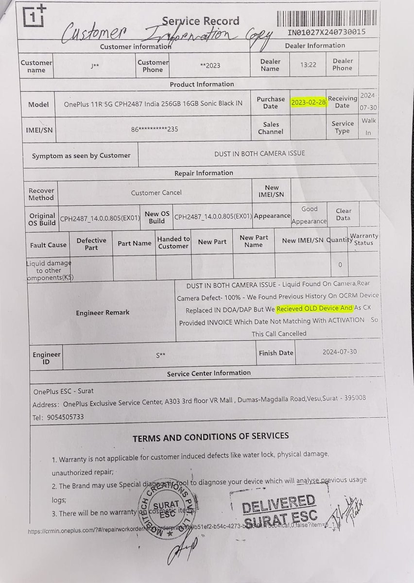 Jignesh9433's tweet photo. Bought a OnePlus 11R from Flipkart on 3-2-2024. Discovered it was a refurbished phone, not new. Despite complaints, no resolution from OnePlus or Flipkart Paid Rs. 44,899 for a new phone, not a used one Purchased insurance too. Demand repl or full refund. Supporting ima/pro r att https://t.co/owaPSAdcrZ