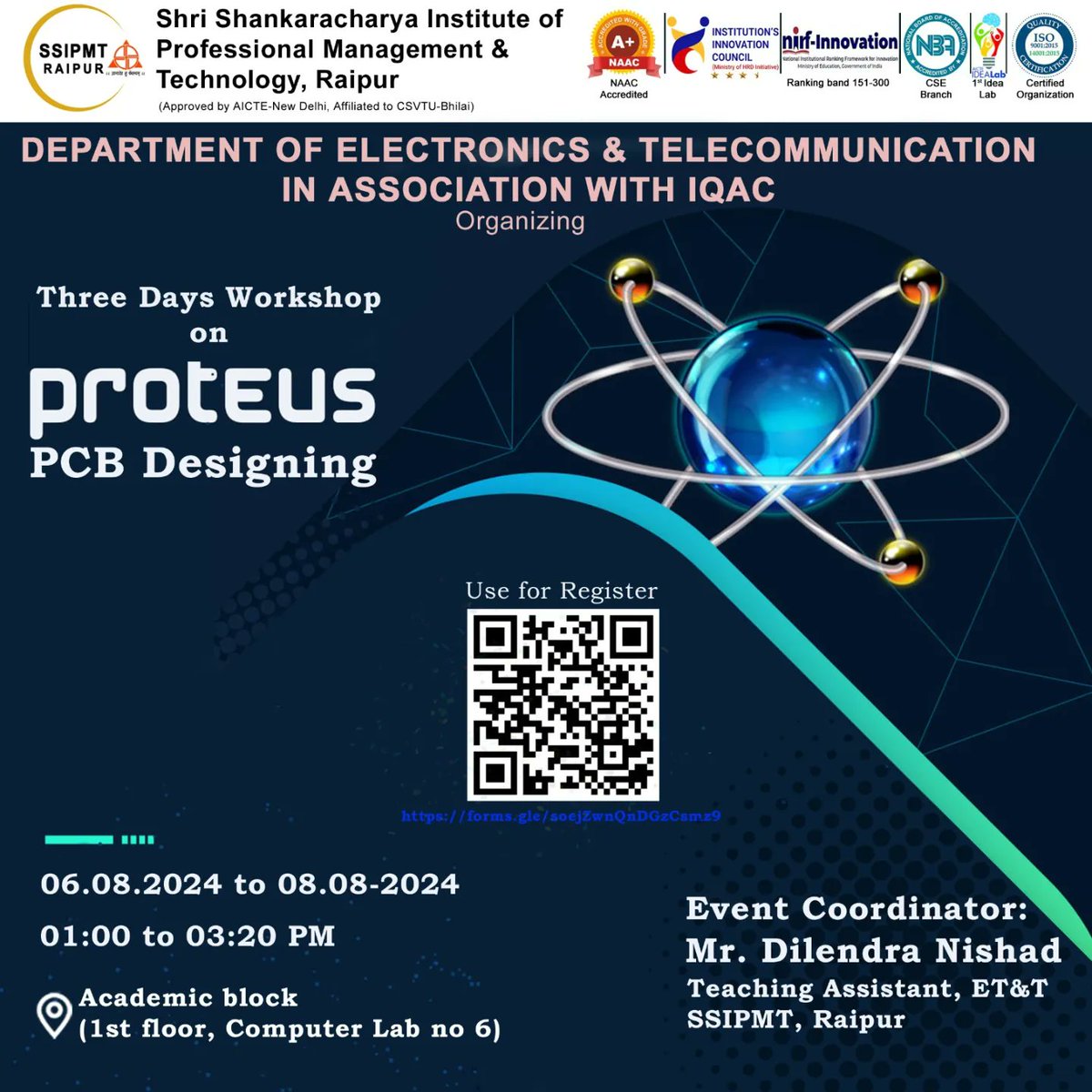SsipmtR's tweet image. The Department of Electronics &amp;amp; Telecommunication, in association with IQAC, is organizing a three-day workshop on Proteus PCB Designing from August 6th to 8th, 2024, coordinated by Mr. Dilendra Nishad, Teaching Assistant, ET&amp;amp;T SSIPMT, Raipur.

#PCBDesign #ElectronicsWorkshop