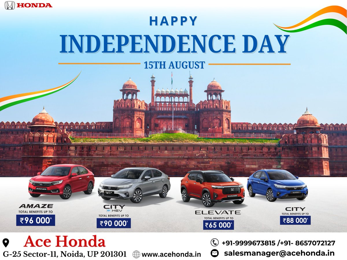 AceHonda2's tweet photo. Celebrating the freedom to drive forward! Happy Independence Day from Ace Honda—where every journey begins with the spirit of independence.
#acehonda #hondacarindia #HappyIndependenceDay2024 https://t.co/ooCHAn6iQH