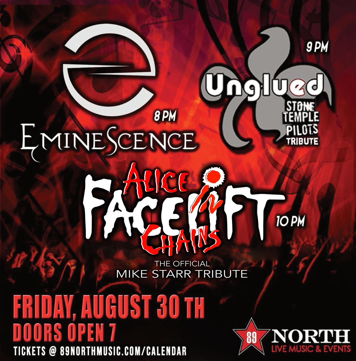 Friday August 30th Facelift will be playing at <a href="/89northmusic/">89 North</a> 

Doors open at 7 pm

Tickets available at 89northmusic.com/calendar

Hope to see y’all there, have a great day!

#show #aic #aliceinchains #tribute #mikesuppa #dannybalzano #scottheller #jeffhardee #mikestarr #grunge