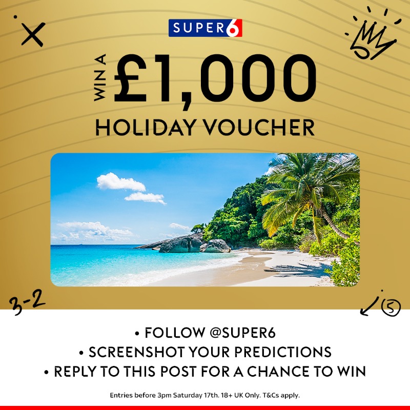 Super6's tweet photo. £2MILLION jackpot this weekend and a chance to win a £1,000 holiday voucher?! 🏖️

Follow @Super6, RT this post and reply with a screenshot of your #Super6 entry 🤳 

It's that easy, enter by 3pm Saturday! 💳

T&amp;Cs 👇