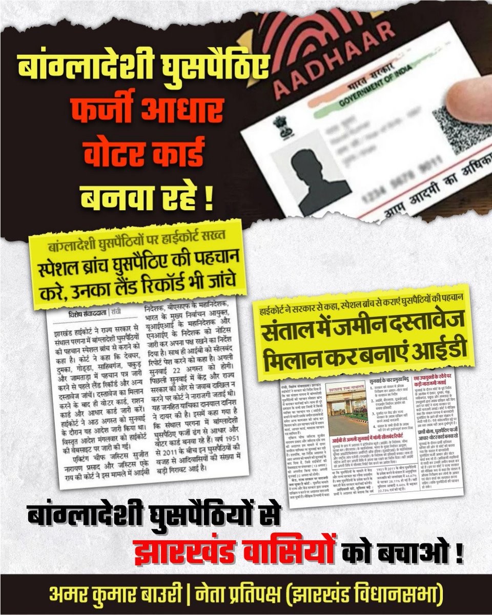 amarbauri's tweet photo. बांग्लादेशी घुसपैठियों के शुभचिंतकों लिए बुरी खबर है 📰

झारखंड हाईकोर्ट ने राज्य सरकार से संथाल परगना में बांग्लादेशी घुसपैठियों की पहचान स्पेशल ब्रांच से कराने को कहा है। कोर्ट ने कहा कि देवघर, दुमका, गोड्डा, साहिबगंज, पाकुड़ और जामताड़ा में पहचान पत्र जारी करने से पहले लैंड रिकॉर्ड और अन्य दस्तावेज जांचें। दस्तावेज का मिलान करने के बाद ही वोटर कार्ड, राशन कार्ड और आधार कार्ड जारी करें।

𝐃𝐚𝐧𝐠𝐞𝐫𝐨𝐮𝐬 𝐓𝐫𝐞𝐧𝐝 ⚠️

वर्ष 1951 से 2011 के बीच घुसपैठियों के प्रवेश करने से संताल में अनुसूचित जनजाति की जनसंख्या में 44.67% से घटकर 28.11% हो गई है। वहीं मुस्लिम आबादी 9.44% से बढ़कर 22.73% दर्ज की गई है।