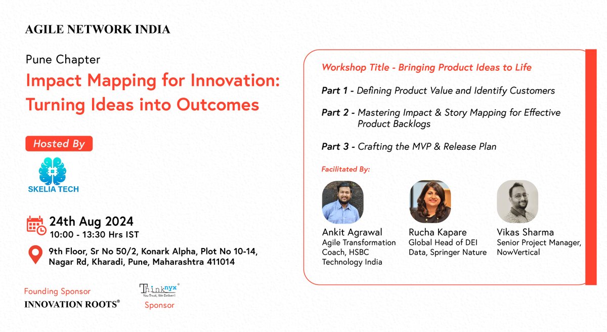 AgileNetwork_in's tweet image. Agile Network India #PuneChapter | #AugustEvent

Agenda Live!

Date: 24th Aug, 2024 (Saturday)
Time: 10:00am to 1:30pm
Hosted By: Skelia technologies, #Pune

Join us: agilecommunity.org/event-details/… (Free to Participate)