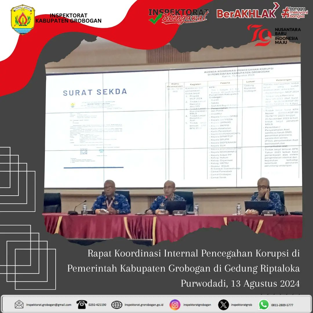 inspektoratgrob's tweet image. Rapat Koordinasi Internal Pencegahan Korupsi dilingkungan Pemerintah Kabupaten Grobogan, 13 Agustus 2024.
@MochSusilo1
#mcpkpk2024 #apip #inspektoratdaerah #groboganbersemi