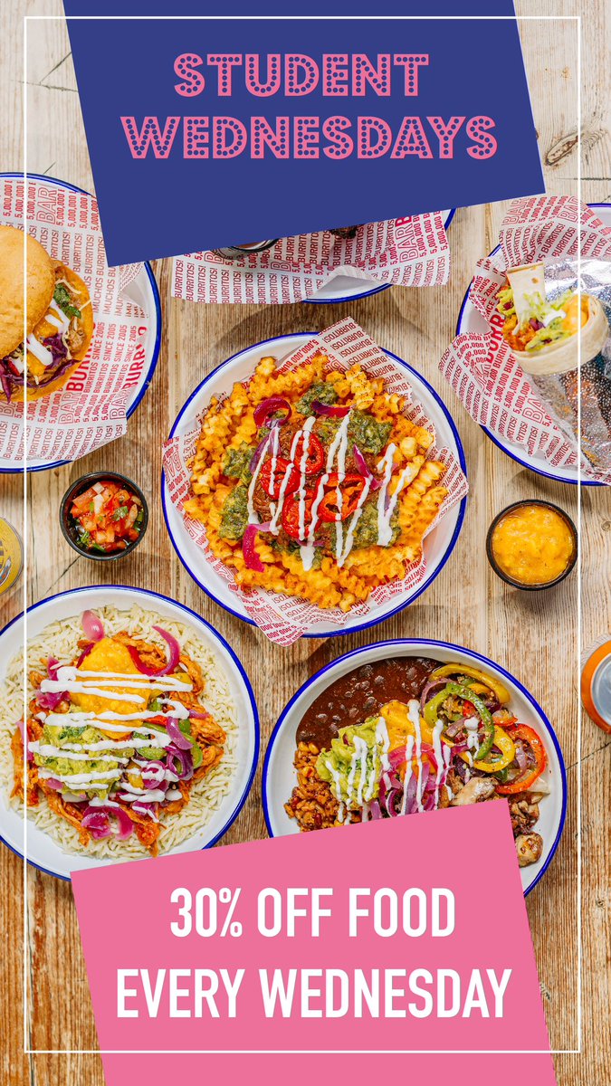 Books down, burritos up! Get 30% off this Student Wednesday! 🌯✏️