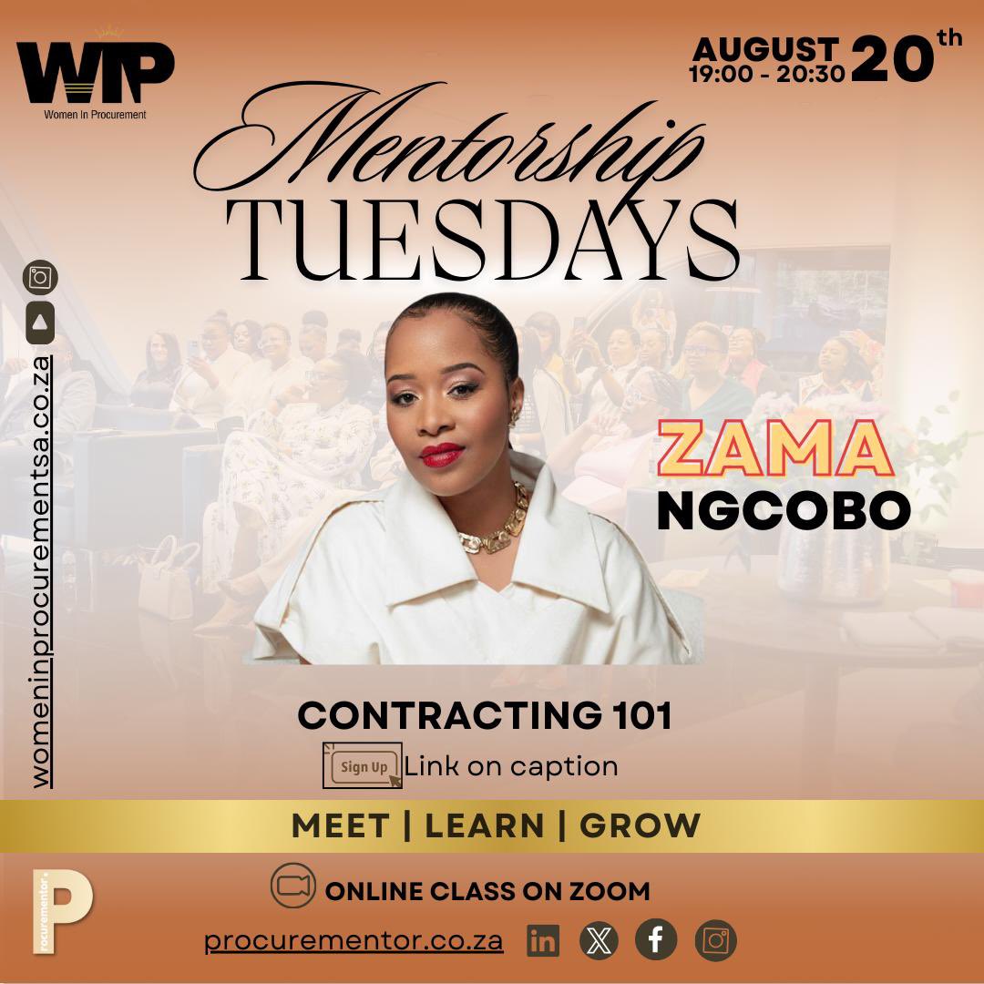 Mastering the Art of Contracting: From Tender to Execution

Learn from the best practices shared by our esteemed guest, Ms. Zama Ngcobo, a 40 Under 40 finalist!

📅 Date: 20 August 2024
⏰ Time: 7:00 PM - 8:30 PM
🔗 Registration Link:
us02web.zoom.us/meeting/regist…

#WomeninProcurement