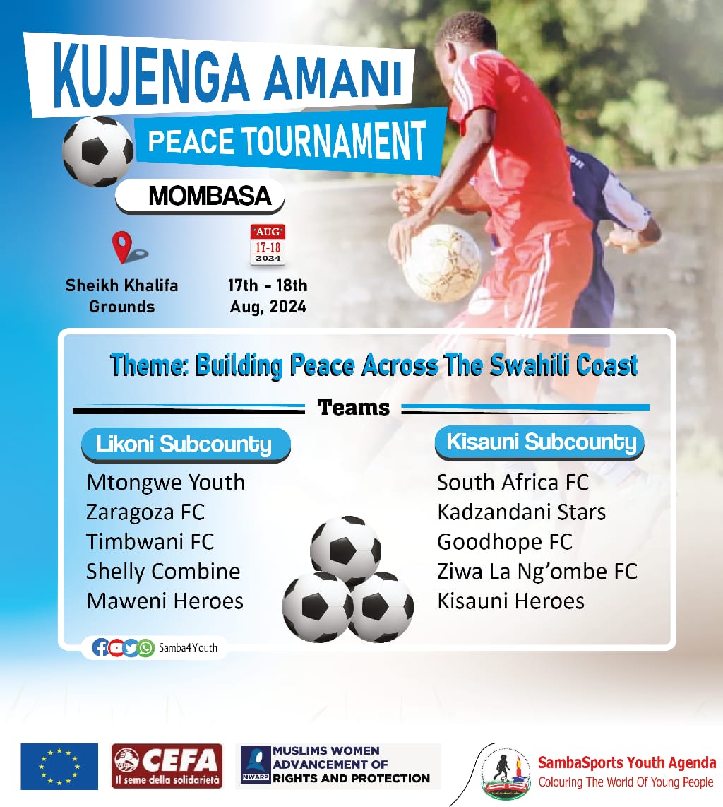 Samba4Youth's tweet photo. The Road To Daresalam on Youth Cross-border Peacebuilding.

TZ and Mozambique Meets Kenya soon.

The Mombasa tournament is on this Weekend at Sheikh Khalifa Bin Zayed Al Nahyan Secondary School.

Come, Join us watching astonishing soccer talent pool.

It's #KujengaAmani Project. https://t.co/fHVqAFuoYE