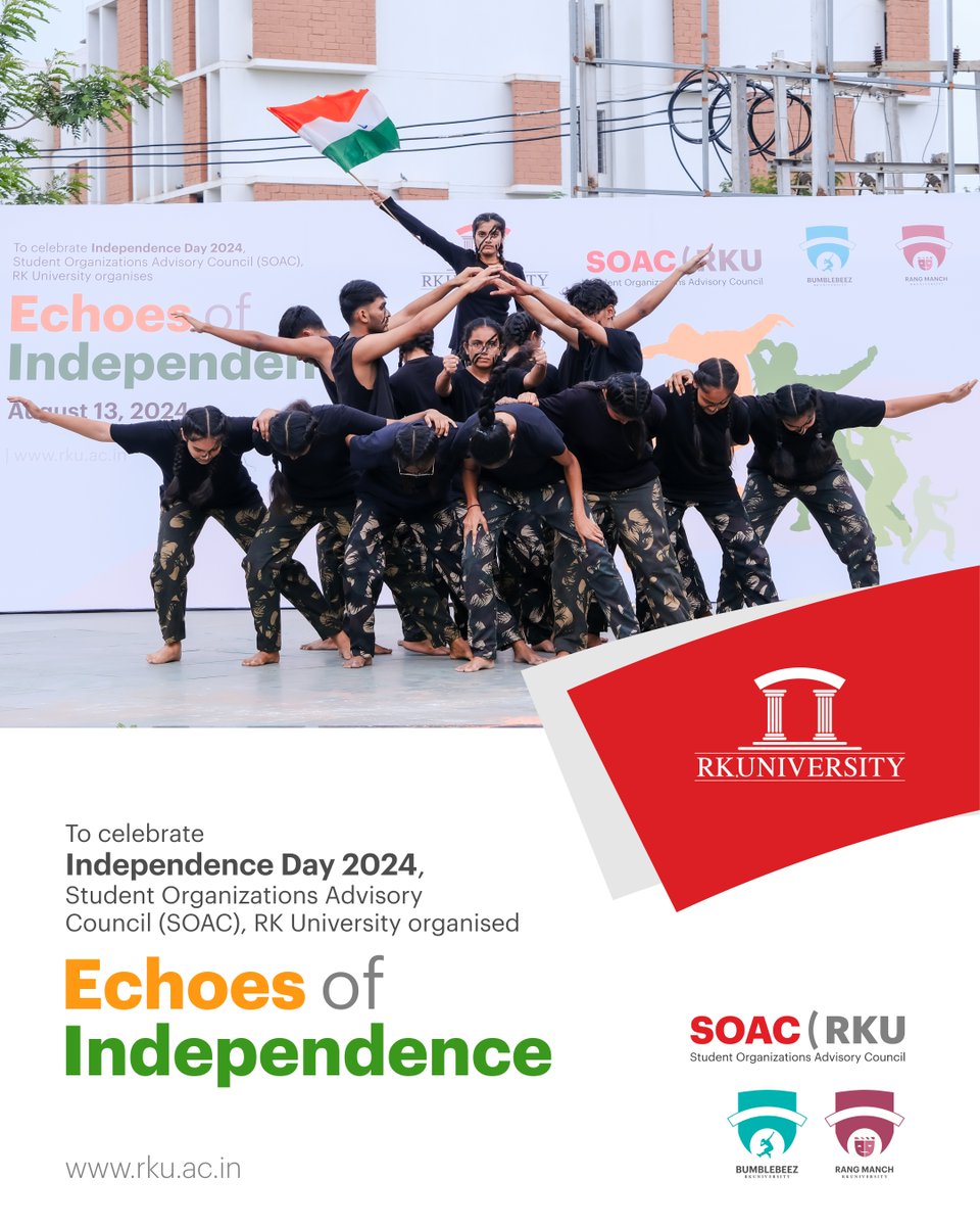 RKUniversity's tweet photo. RKU students showcased exceptional talent during 'Echoes of Independence' event, organised by Student Organizations Advisory Council, RK University to commemorate India's 78th Independence Day.
#rku #independenceday #soac #dance #music #partriotic #rkuniversity #rajkot #India https://t.co/igIx7tz9SM