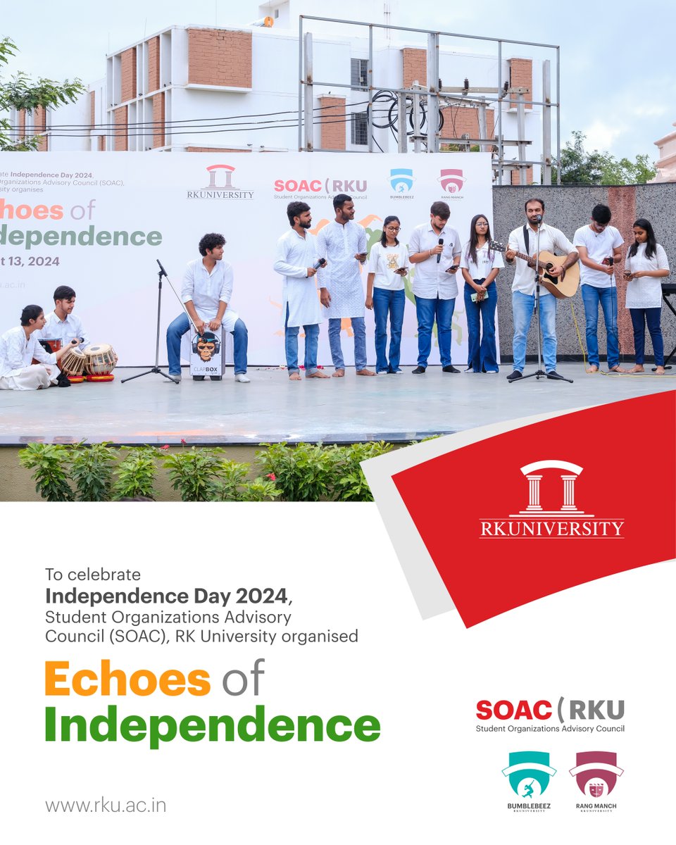 RKUniversity's tweet photo. RKU students showcased exceptional talent during 'Echoes of Independence' event, organised by Student Organizations Advisory Council, RK University to commemorate India's 78th Independence Day.
#rku #independenceday #soac #dance #music #partriotic #rkuniversity #rajkot #India https://t.co/igIx7tz9SM
