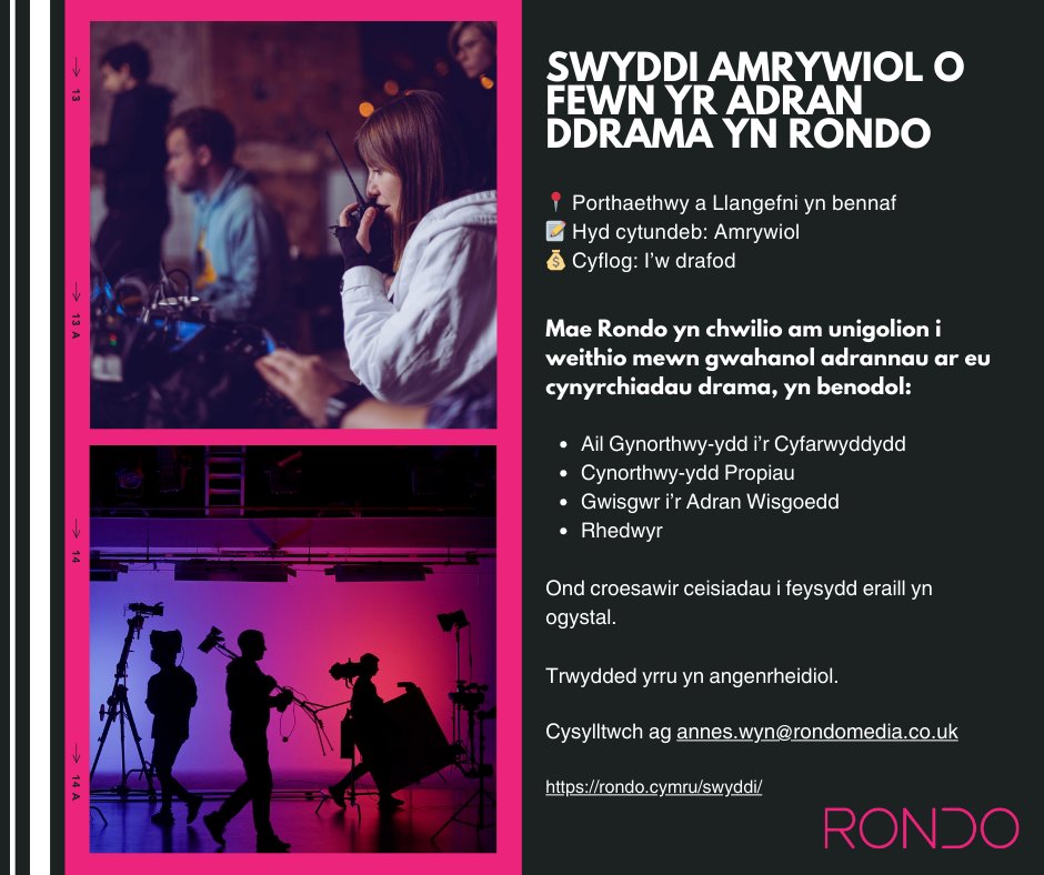 📷SWYDDI NEWYDD📷

Cysylltwch:  annes.wyn@rondomedia.co.uk

rondo.cymru/swyddi/