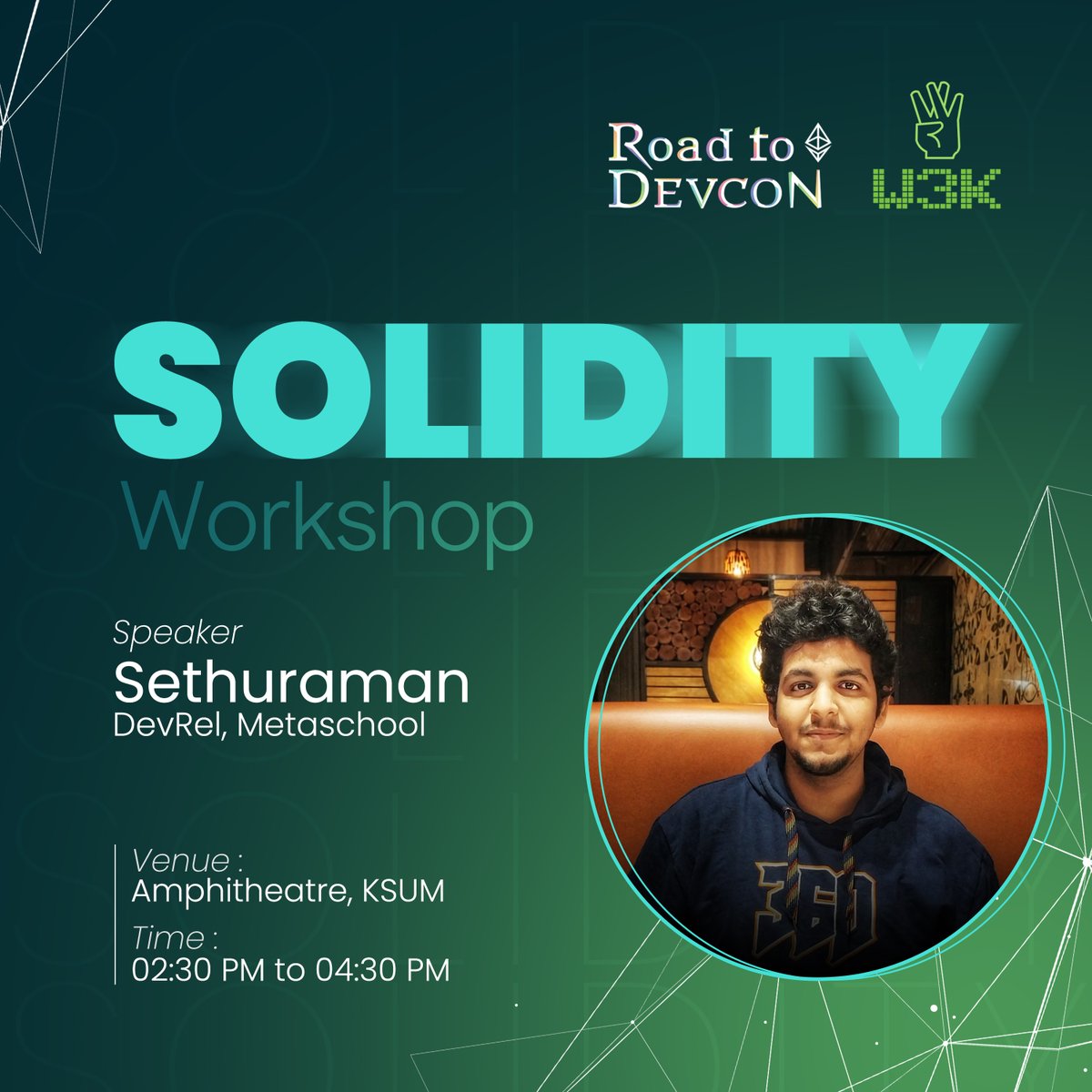 Hey guys,😎 

We are thrilled to announce that <a href="/Sethu_Raman_O/">Sethu Raman</a> from <a href="/0xmetaschool/">metaschool</a>  will be joining us to take a Solidity workshop at the Empowering Kerala with Blockchain event.   

Sethu brings a wealth of knowledge and experience in the blockchain industry. 

#w3k #web3kerala