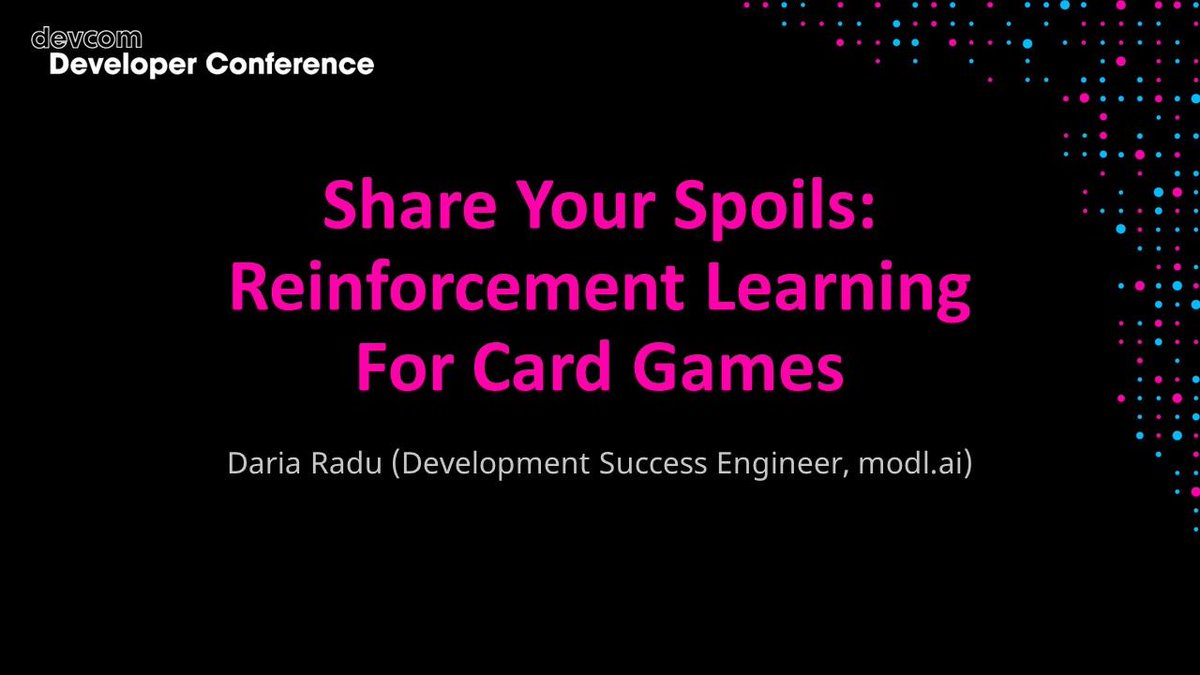 I will be at Devcom as a speaker next week! Come hear me talk about how we used Reinforcement Learning in Spoils, the in-game card game in Saltsea Chronicles by <a href="/gutefabrik/">Die Gute Fabrik</a>  (in collaboration with <a href="/modl_ai/">modl.ai</a> ), and how you can do the same for your own card game!