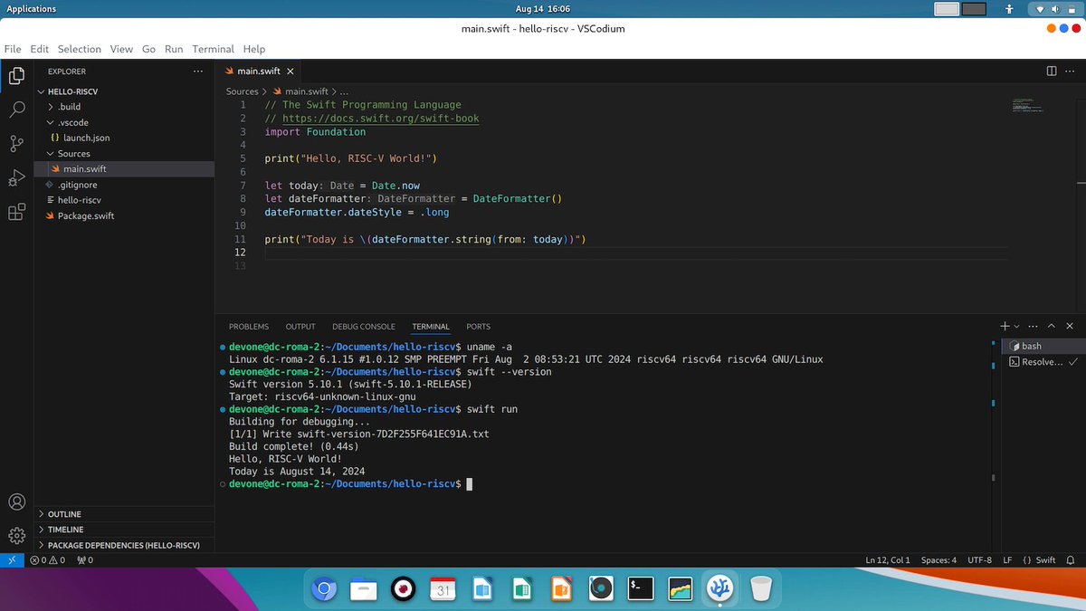 FutureJones (@futurejonesapps) on Twitter photo Edit and compile <a href="/SwiftLang/">Swift Language</a> code #today on <a href="/risc_v/">RISC-V International</a> with the DC-ROMA laptop II from <a href="/DeepComputingio/">DeepComputing</a> #Linux #riscv64 #ubuntu #vscode #swiftlang Edit and compile <a href="/SwiftLang/">Swift Language</a> code #today on <a href="/risc_v/">RISC-V International</a> with the DC-ROMA laptop II from <a href="/DeepComputingio/">DeepComputing</a> #Linux #riscv64 #ubuntu #vscode #swiftlang