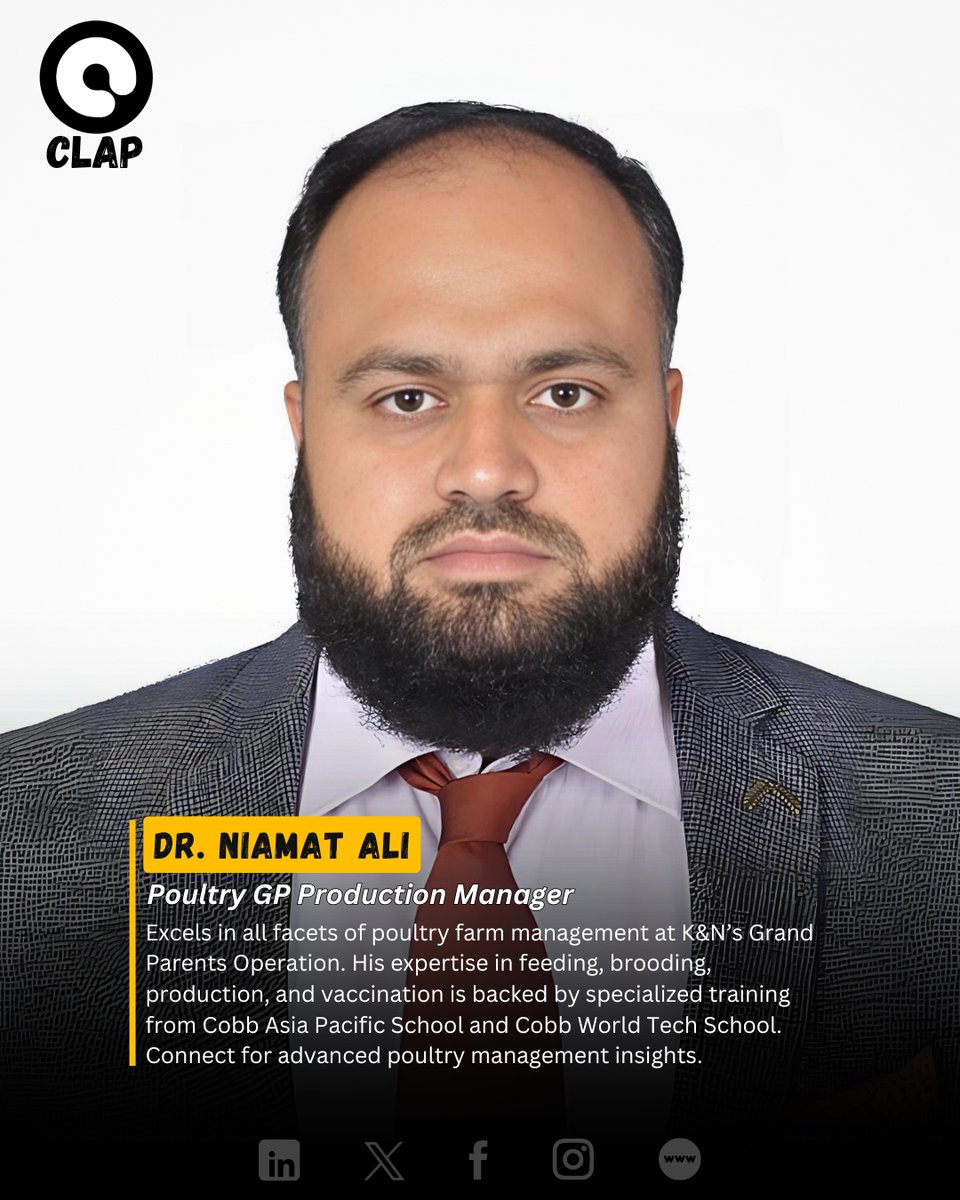 ClapPakistan's tweet image. Meet Dr. Niamat Ali: Poultry Production Expert

Dr. Niamat Ali leads @KandNs Grand Parents Operation with expertise in poultry management. He holds a D.V.M. and has trained globally in advanced poultry techniques.

#PoultryManagement #ClapRecognized #ClapPakistan