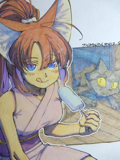 【アナログ2157:アイスと黒猫】このところ線画ばかりでしたが、ようやく塗り始めました。#水彩 #原画 #色紙 #狐娘 