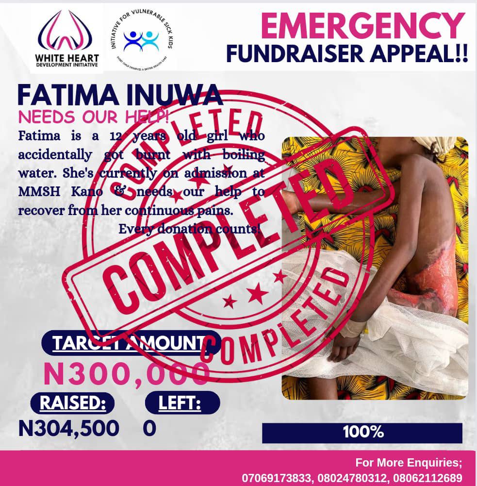 IVSickK's tweet photo. ₦304,500 has been raised for Fatima.

Treatment has commenced and more updates will be shared about her current status. 

Thank you all for making this possible for Fatima. 

May the Almighty never forsake you. 

Follow us on IG: https://t.co/VxW5aa1KF8 https://t.co/Ud7IhBtl02