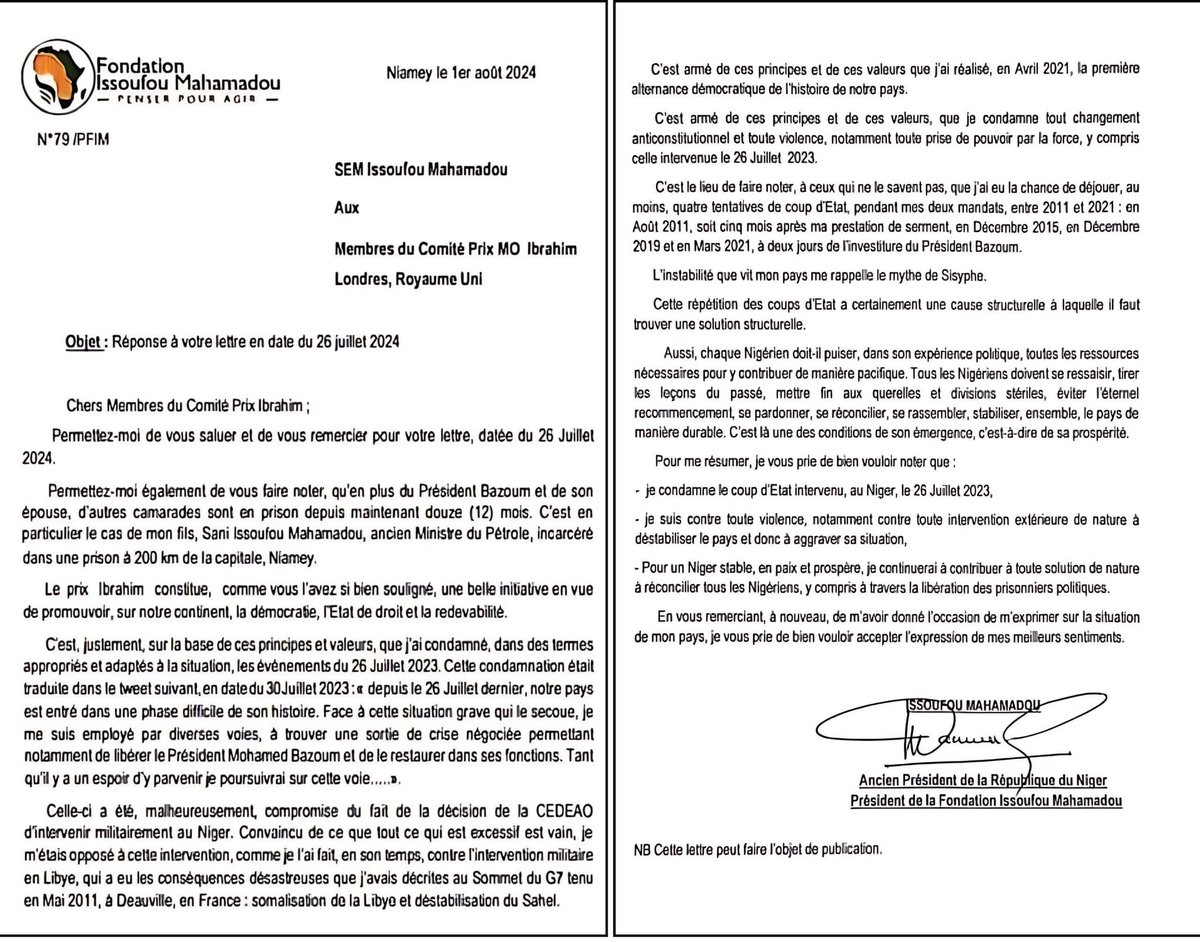 NigerMarche's tweet photo. Analyse de la lettre d'@IssoufouMhm: 
-Condamnation du putsch du 26/07/23
-Opposition à l'intervention militaire #CEDEAO
-Engagement pr la paix.
-Leader constant &amp; fidèle à ses principes 
-Appel à l'unité &amp; à la réconciliation nationale 
-Vision pr 1 #Niger stable &amp; prospère 
MAM https://t.co/ida8UjWOKj