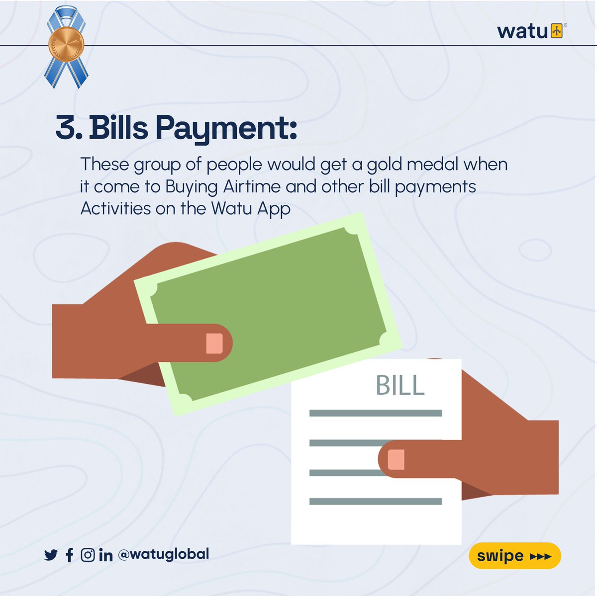 watubank's tweet photo. Let's see which Watu service wins the gold medal for your favourite. Is it our lightning-fast transfers, stress-free bill payments, or our goal-crushing savings feature?  
Leave your answers in the comment.

#Fintech #Watu #mobilebanking #financialgoals #moneymanagement #finances https://t.co/yVVlcg7Q6F