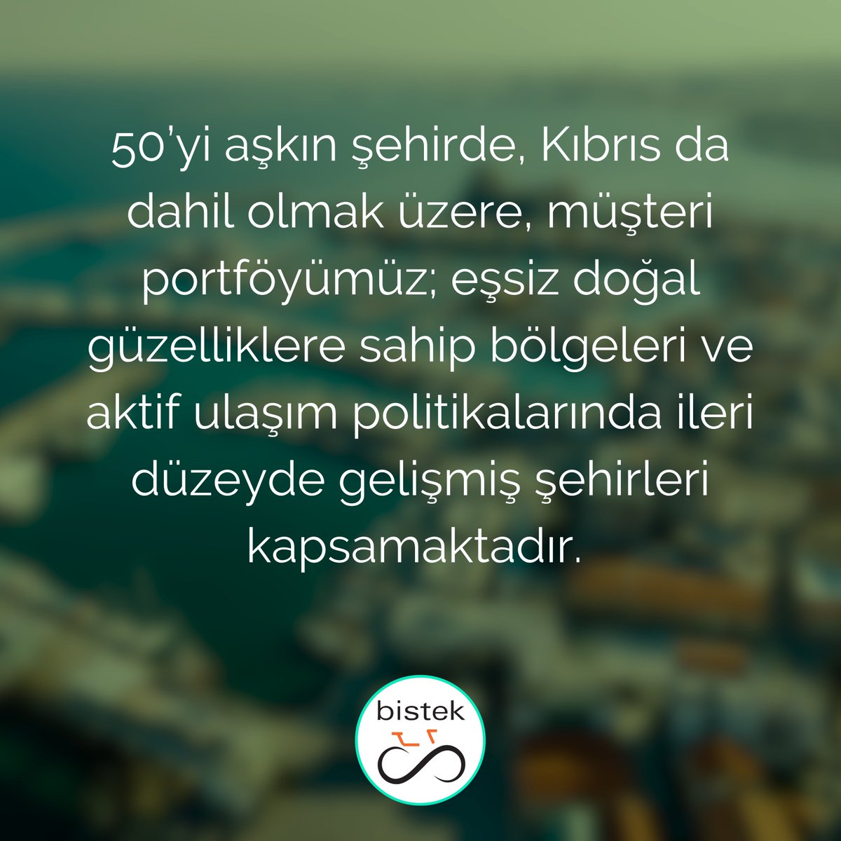 50’yi aşkın şehirde, Kıbrıs da dahil olmak üzere, müşteri portföyümüz; eşsiz doğal güzelliklere sahip bölgeleri ve aktif ulaşım politikalarında ileri düzeyde gelişmiş şehirleri kapsamaktadır.

#ai #belediye #teknoloji #technology #akıllışehirler #smartcity #bike #ulaşım #bisiklet