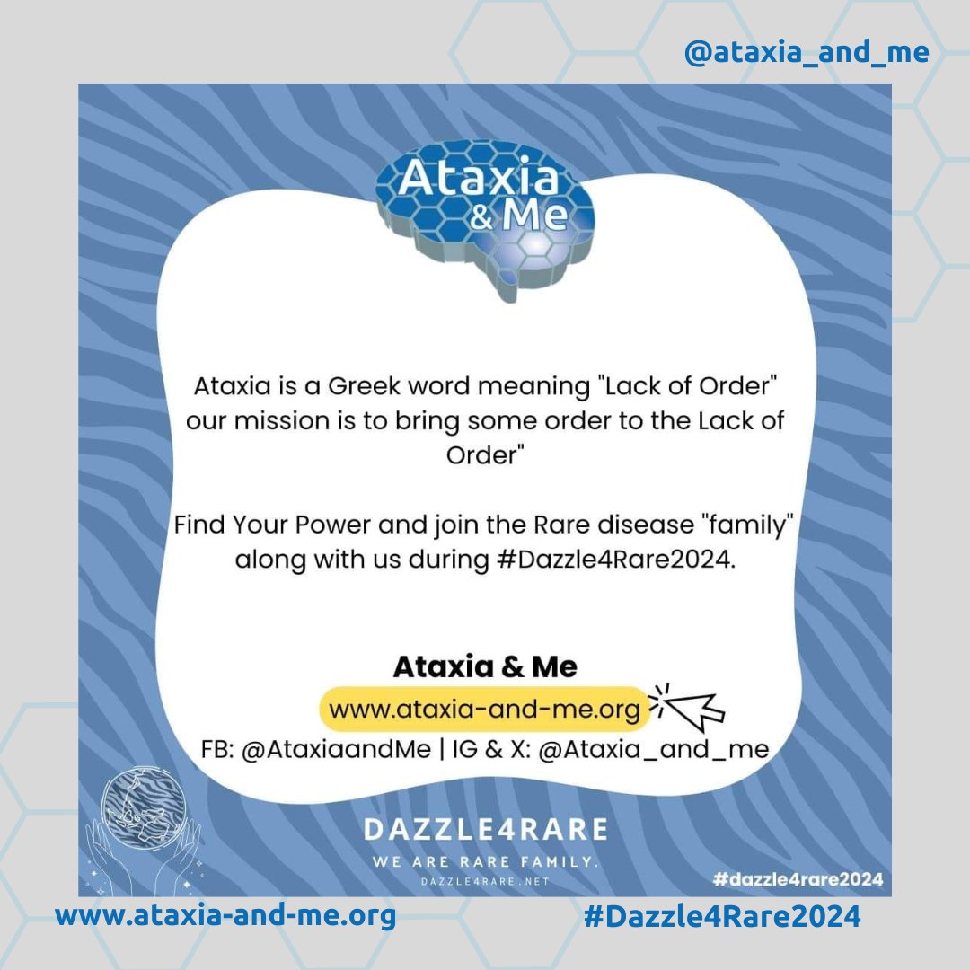 Ataxia is a #Greek word meaning "Lack of order"
our mission is to bring some order to the lack of order

Join us during #Dazzle4Rare2024 <a href="/dazzle4Rare/">dazzle4rare</a>
we support the #Dazzle4Rare community at <a href="/Ataxia_and_me/">Ataxia and Me CIO 1184030</a> #Ataxia #RareDisease #charity Wales