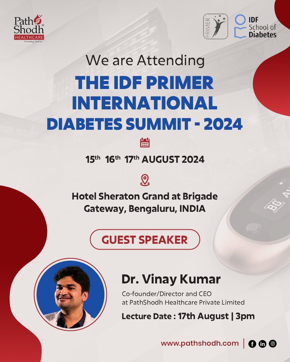 PathShodh (@pathshodh) on Twitter photo We are thrilled to announce that PathShodh Healthcare Private Limited will be attending the prestigious IDF-PRIMER International Diabetes Summit-2024, happening from 15th โ 17th August at Hotel Sheraton Grand, Brigade Bengaluru, India.
<a href="/Vinay_IISc/">Dr Vinay Kumar Chauhan</a>
#IDFSummit2024 #DiabetesCare We are thrilled to announce that PathShodh Healthcare Private Limited will be attending the prestigious IDF-PRIMER International Diabetes Summit-2024, happening from 15th โ 17th August at Hotel Sheraton Grand, Brigade Bengaluru, India.
<a href="/Vinay_IISc/">Dr Vinay Kumar Chauhan</a>
#IDFSummit2024 #DiabetesCare