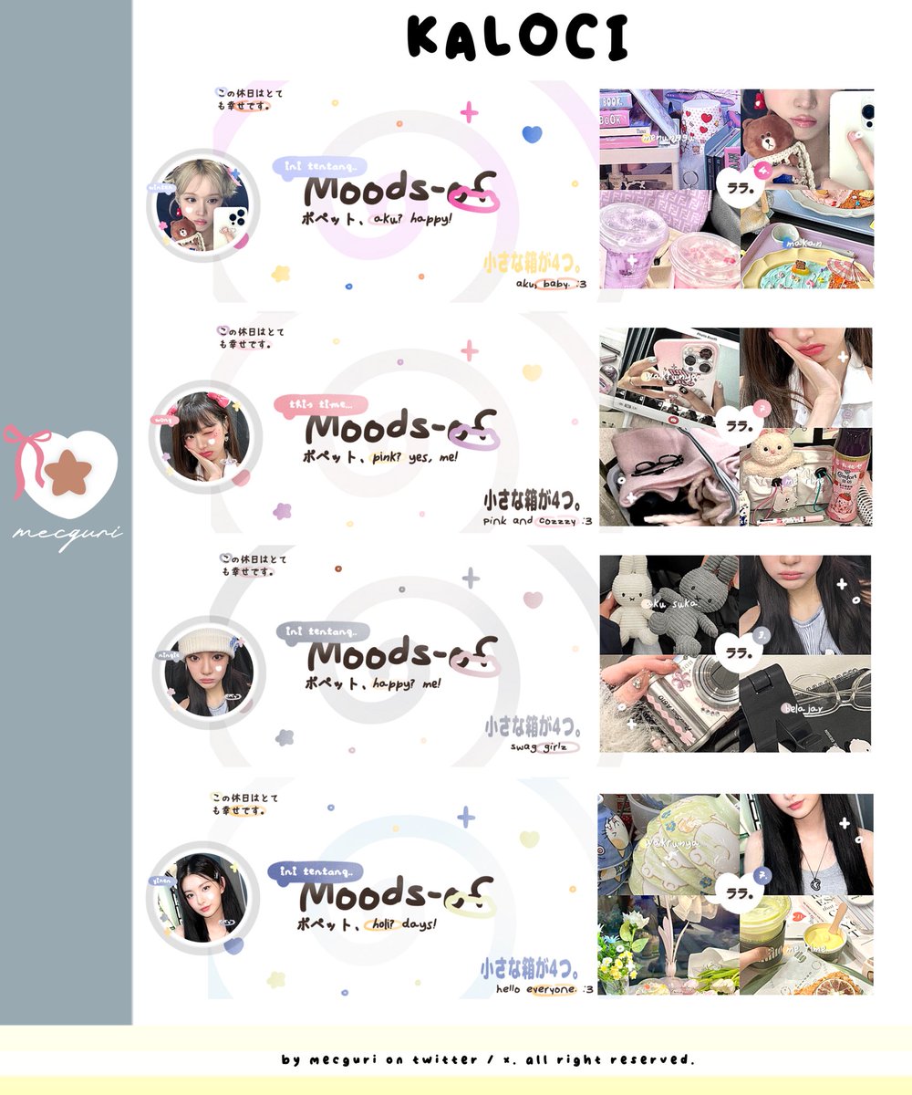 repost will be appreciated! 🧤

haloOo! hari ini aku datang membawa 35 ready stocks layout dari katalog kaloci 🍡 yang bisa kalian jemput hari ini, untuk info lebih lanjut cek alt dan tweet dibawah yaa🎐💗

⏰ : 20.15 WIB
💌 : via DM

#zonauang #zonaba