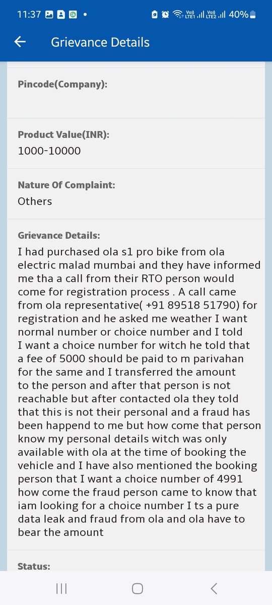 vinayak833's tweet photo. @OlaElectric @MumbaiPolice fraud has been done on me by ola person they have taken money for registration of my new bike choice number now they are denying that the person was not ola person and I had already given him 5000 for choice number 
Vinayak kamath
99300 62855 https://t.co/k5ErullVIT