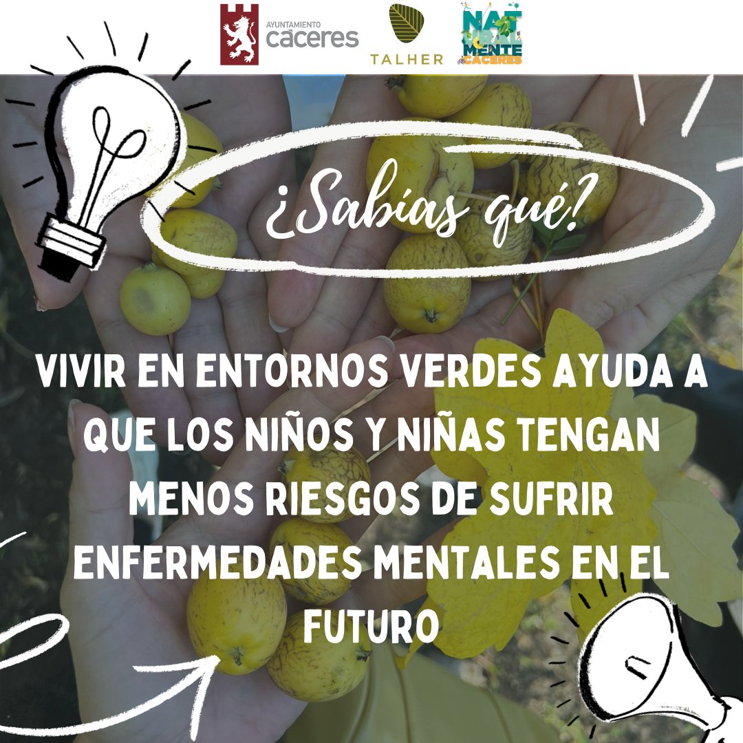 Un estudio de la Universidad de Aarhus de Dinamarca indica que los niños/as que están en contacto con la naturaleza y zonas verdes (como las que hay en Cáceres) tienen un 55% menos de riesgo de sufrir enfermedades mentales en su vida adulta.
@Ayto_caceres <a href="/Talher_/">Talher</a>