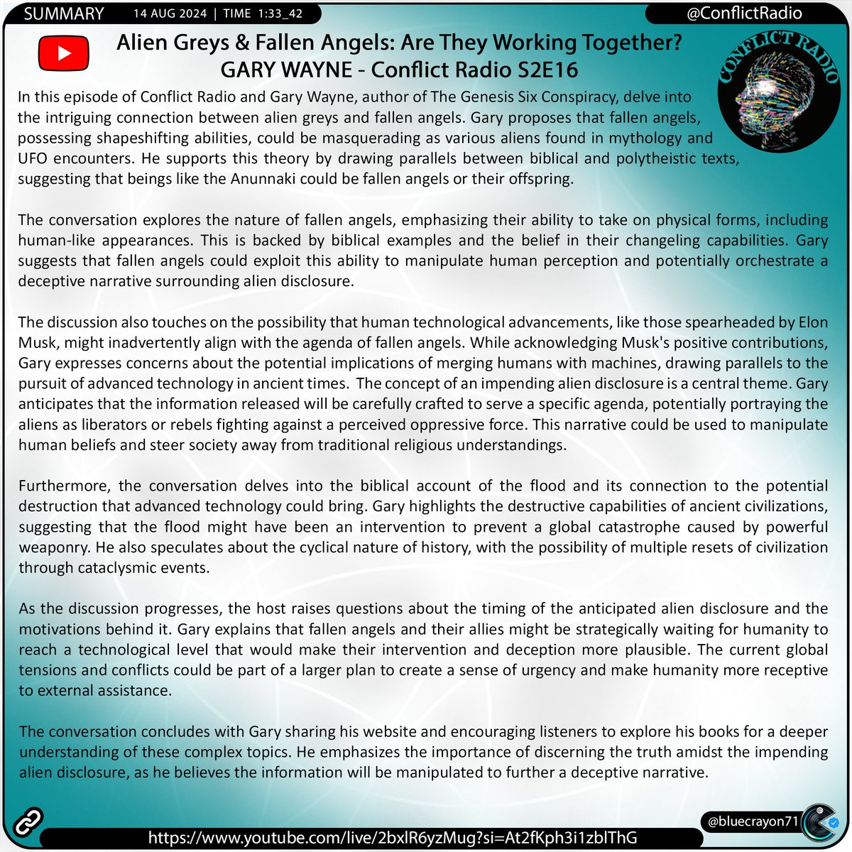 bluecrayon71's tweet photo. Alien Greys & Fallen Angels:Are They Working Together? GARY WAYNE-Conflict Radio S2E16 @ConflictRadio
🔗https://t.co/TuIURWccCU
#ConflictRadio #GaryWayne #GenesisSixConspiracy #FallenAngels #AlienGreys #Shapeshifting #AncientAliens #Anunnaki #Nephilim #AlienDisclosure #EndTimes https://t.co/iSp1yBMCdd