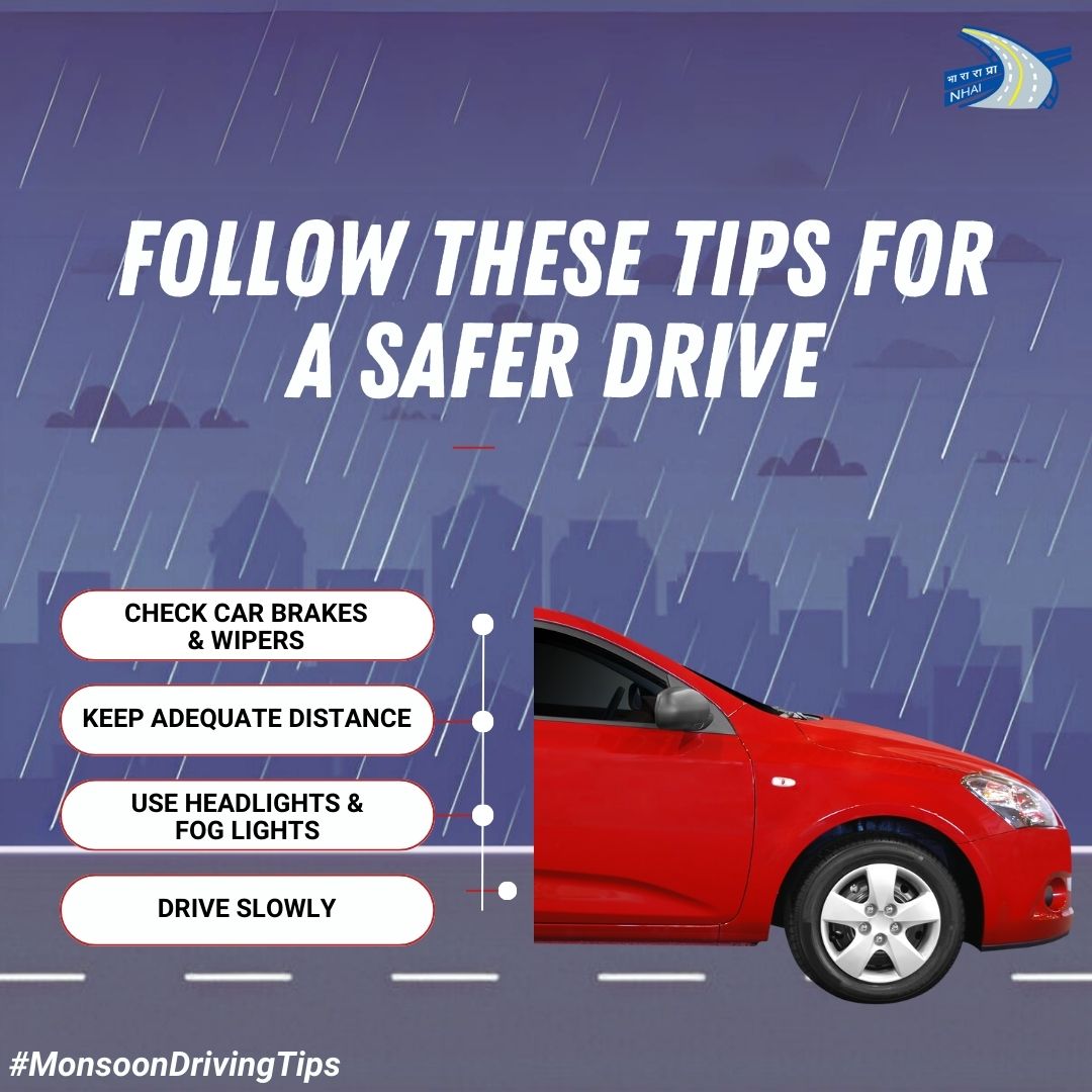 NHAI_Official's tweet photo. Driving in the rainy season requires extra caution! Here are some quick tips for a smooth and safe journey during monsoon season.
#DriveSafe #MonsoonDrivingTips #NHAI #BuildingANation https://t.co/KXP82M8wsk