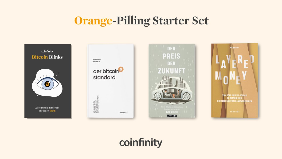 Wir verlosen wieder ein Orange-Pilling Starter Set! 📙📙📙📙

Geballtes #Bitcoin-Wissen zum Lesen und/oder Verschenken! 📚🎁

⚡️Bitcoin Blinks  
⚡️Der Bitcoin-Standard  
⚡️Der Preis der Zukunft
⚡️Layered Money

Herzen, teilen und uns folgen um mitzumachen! 🧡