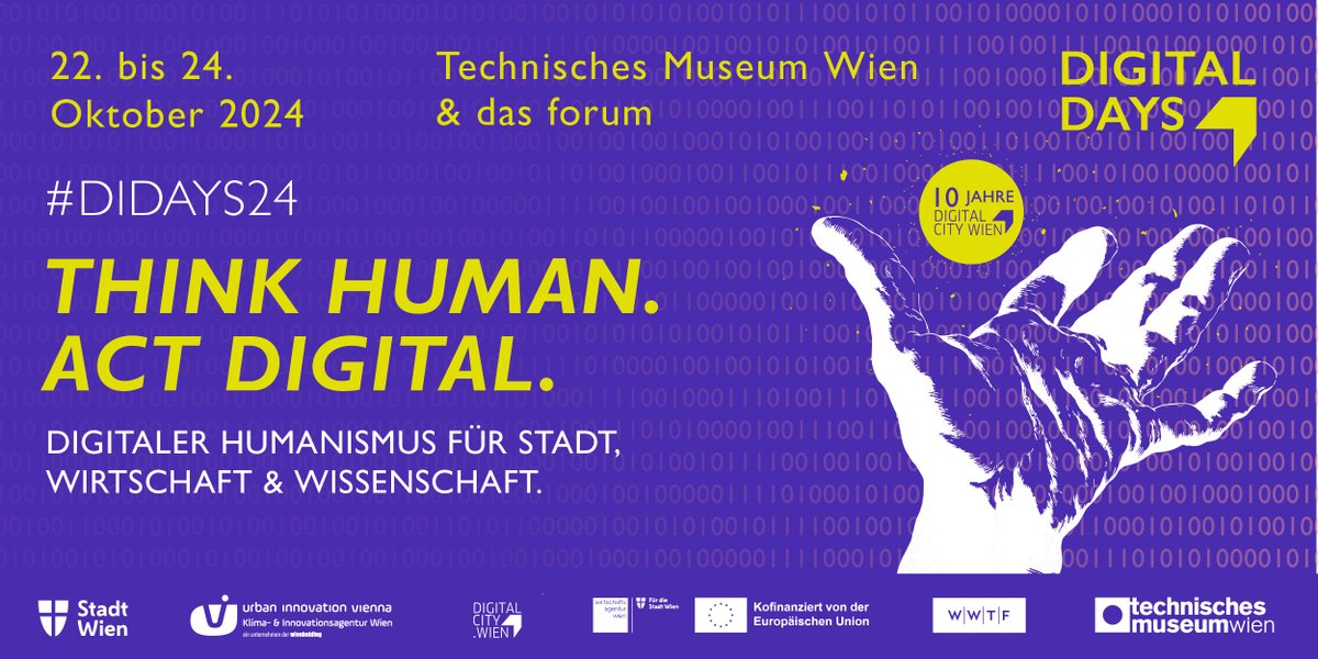 😎We’re BACK – und wir wollen mit EUCH feiern! 🪩#DigitalDays24 #ThinkHuman #ActDigital
COUNTDOWN: noch 10 Wochen bis zum Event ⌛️

3 Tage | 2 Locations | Main Stage | DigiStreet Ausstellung | Community Tag | Schüler*innen Tag
Vorregistrierung: community.digitalcity.wien/agenda