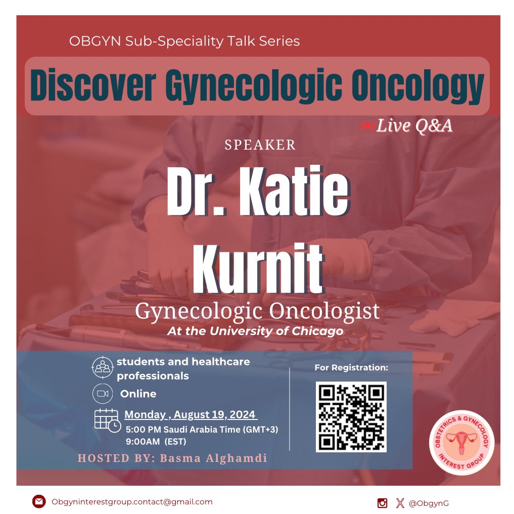 OBGYN Interest Group (@obgyng) on Twitter photo 🗓MONDAY, AUGUST 19
⏰5:00PM (GMT+3)/ 9:00AM (EST)
An introduction to the field of gynecologic oncology with Dr. <a href="/katiekurnit/">Katie Kurnit</a> focusing on the role of specialists in diagnosing in managing cancers of the female reproductive system. 🗓MONDAY, AUGUST 19
⏰5:00PM (GMT+3)/ 9:00AM (EST)
An introduction to the field of gynecologic oncology with Dr. <a href="/katiekurnit/">Katie Kurnit</a> focusing on the role of specialists in diagnosing in managing cancers of the female reproductive system.