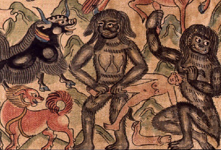 Two female Yetis ripping a human apart from a Buddhist temple painting.

19th century, Mongolia.