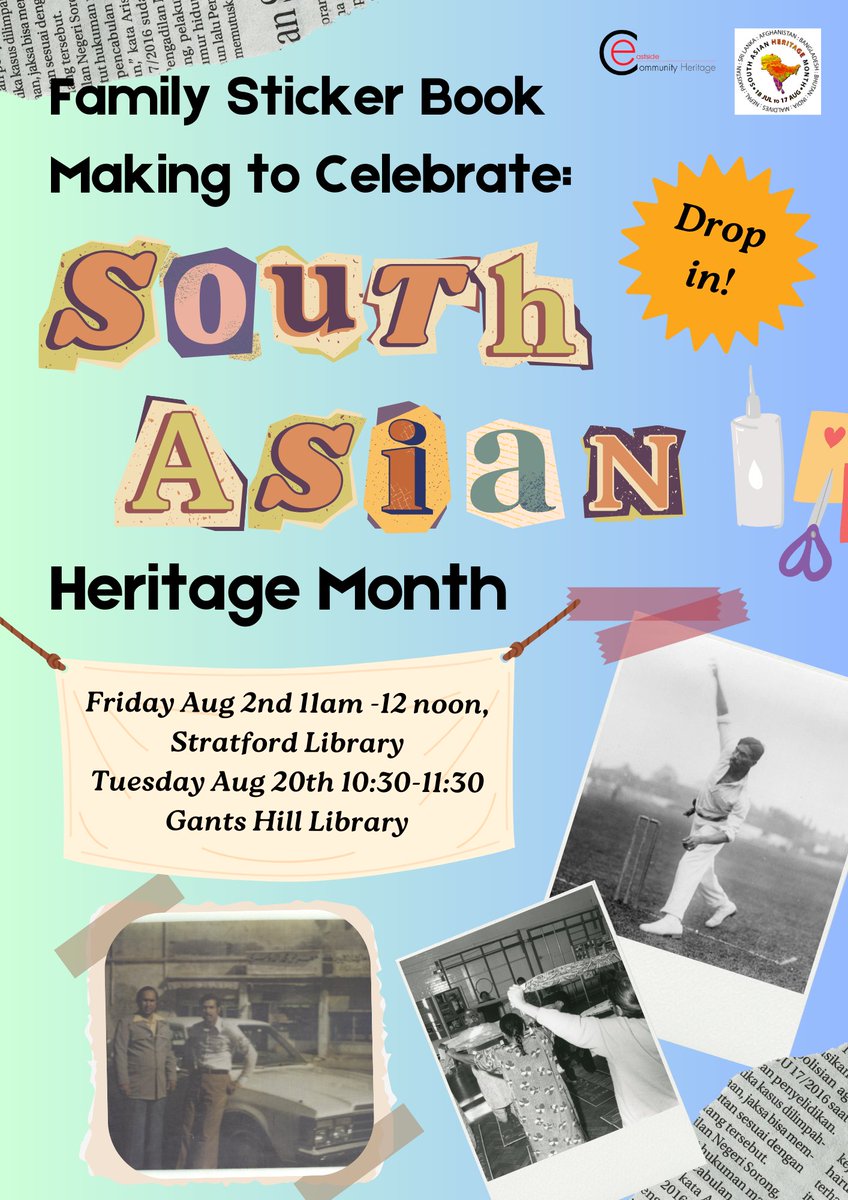 RedbridgeLibs's tweet photo. Join Eastside Community Heritage at #GantsHill #Library on Tues, 20/08; 10.30am for family sticker #book making to celebrate #SouthAsianHeritageMonth! Come share your memories over a cuppa. All welcome. Just turn up. https://t.co/qjnDmaIRrE. #LoveLibraries .@EastsideCH #ig2 #ig6 https://t.co/DnXiLj34iI