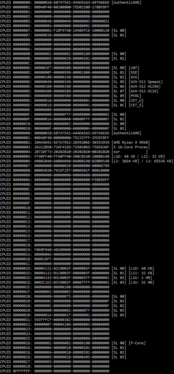 InstLatX64's tweet photo. New #AMD CPUID dumps:
- #Ryzen 5 5600X3D, Ryzen 7 5700X3D #Zen3 #Vermeer
- Ryzen 7 7800X3D, Ryzen 9 7950X3D #Zen4 #Raphael
- Ryzen 9 9950X #Zen5 #GraniteRidge (+InstLatX64 dump, thx, @Mysticial!)
Commit:
https://t.co/m48I6eGZZF https://t.co/5VhfCZegcn