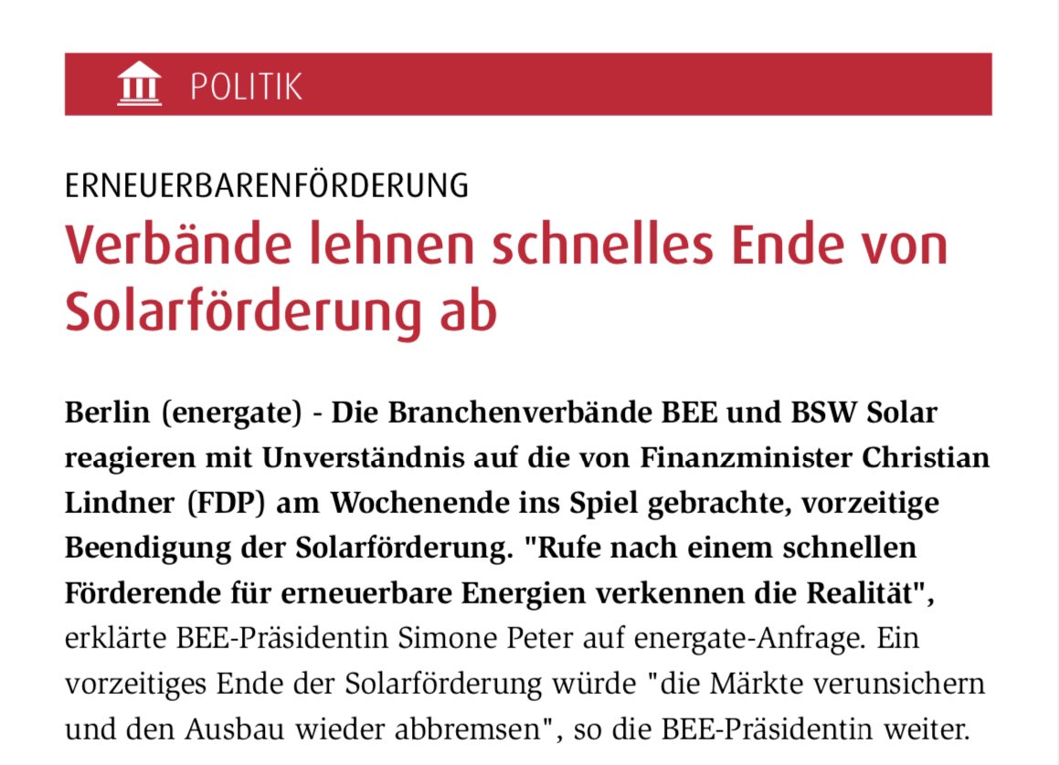 „Die Energiewende sei ein milliardenschweres Investitionsprojekt, bei dem es jetzt darum gehe, den Strommarkt den Erneuerbaren anzupassen und Kosteneffizienzen zu heben". Investitionen in #Erneuerbare bräuchten daher vor allem Sicherheit und Planbarkeit.“ energate-messenger.de/news/246343/ve…