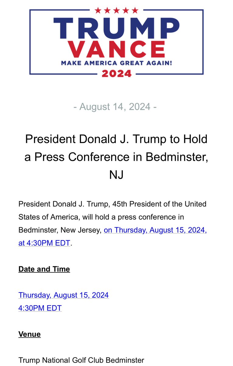 JakeSherman's tweet photo. Another Trump presser. This time in New Jersey. Tomorrow. https://t.co/a3HYwWYtvO